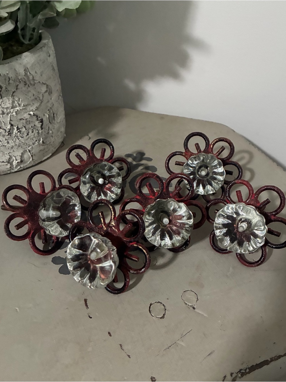 Vintage Metal & Crystal Clear Glass Floral Drawer Knobs, Set of 6